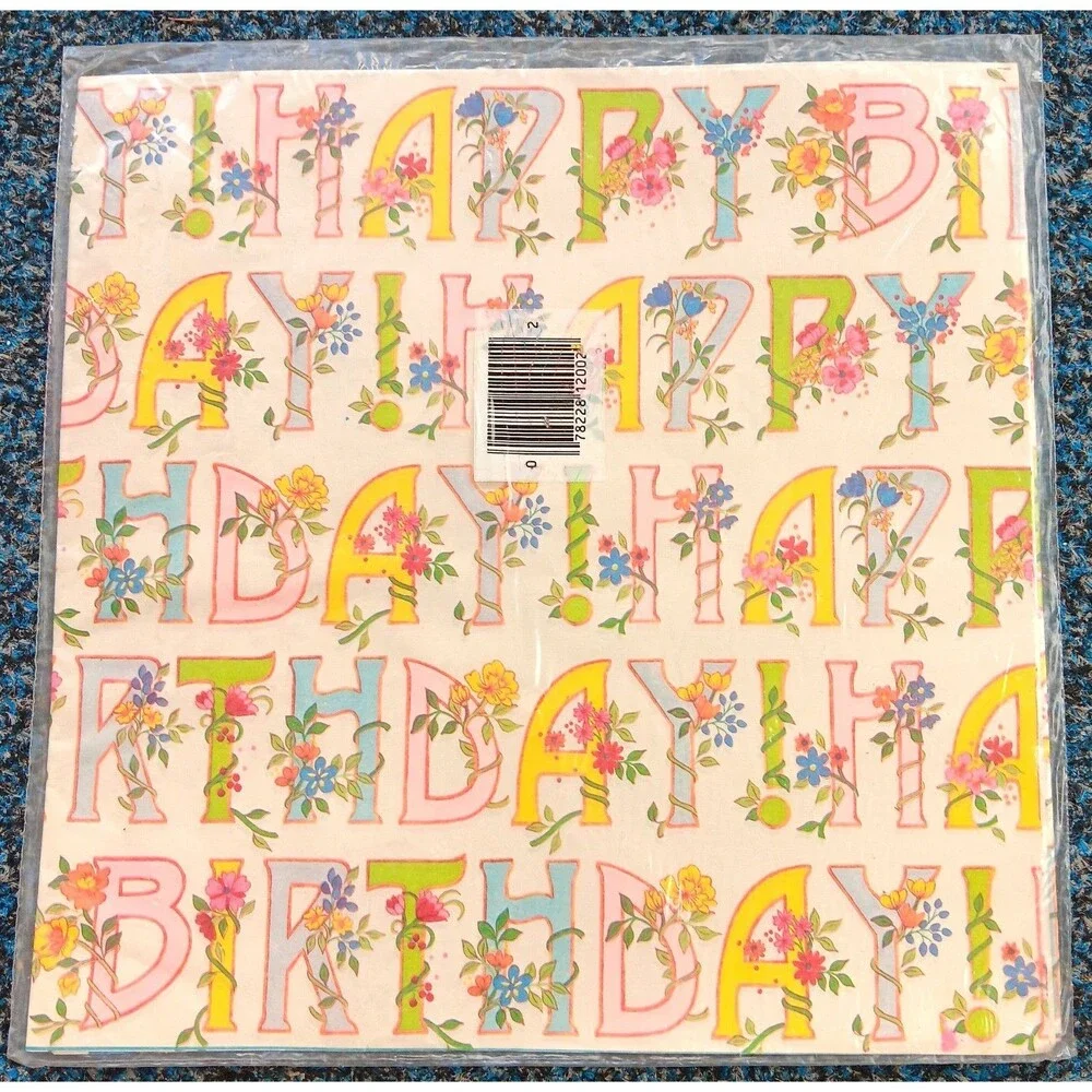 Vintage Hy-Sil Gift Wrap Wrapping Happy Birthday Vines Flowers 2 Sheets 20x30